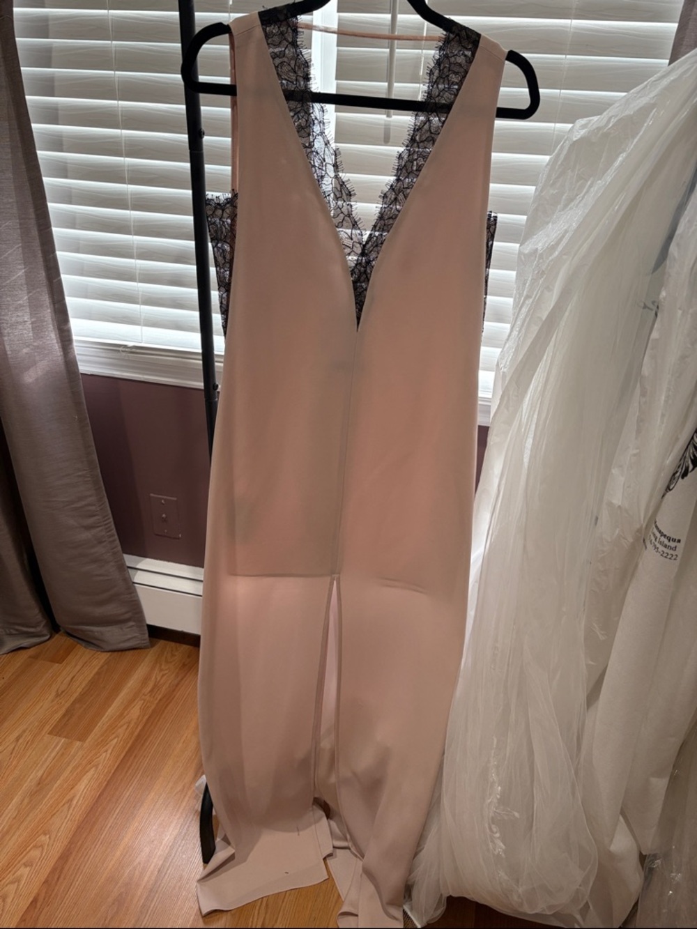 BCBGMaxAzria Blush Pink Backless V-Neck Gown with Black Lace